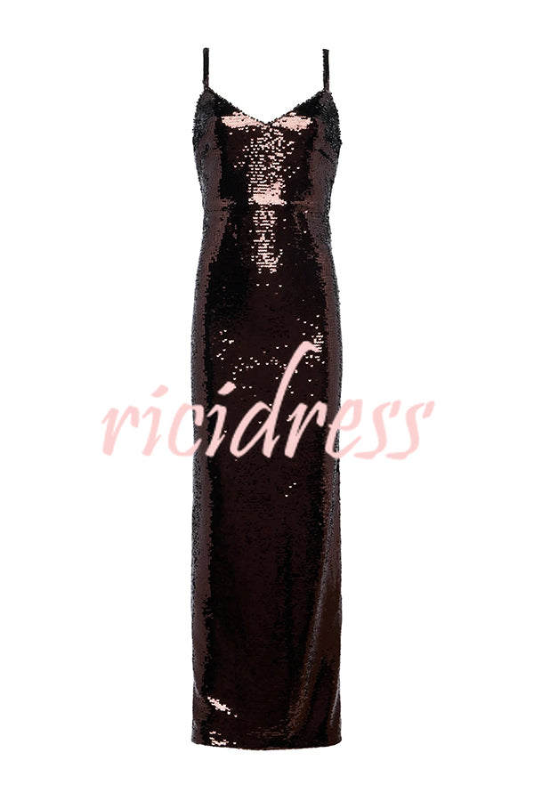 Dazzling Like Flowing Water Sequin V-neck Back Zipper Slit Maxi Dress