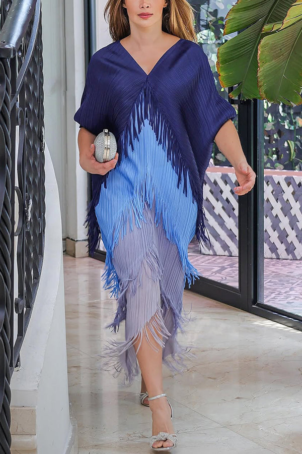 Fashionable Color-blocked Multi-layered Tassel Loose Midi Dress