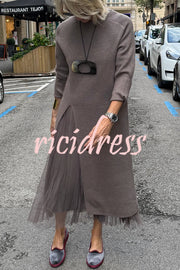 Jollie Knit Long Sleeve Front Slit Midi Sweater and Pleated Tulle Stretch Tank Midi Dress Two-piece Set