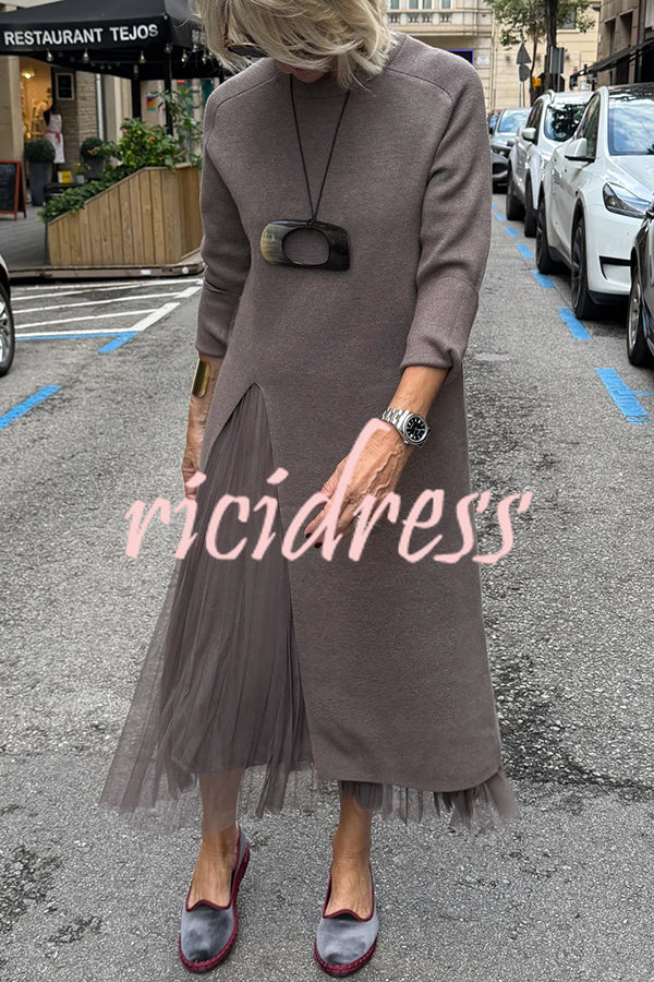 Jollie Knit Long Sleeve Front Slit Midi Sweater and Pleated Tulle Stretch Tank Midi Dress Two-piece Set