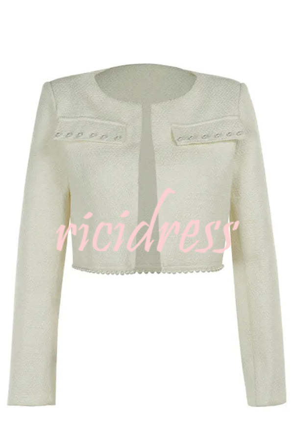 Stylish and Elegant Tweed Pearl-embellished Long-sleeved Jacket