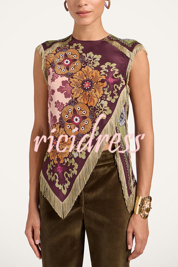 Stunning Floral Print Asymmetric Tassel Trim Scarf Top