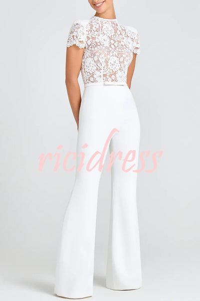Party Charmer Flower Lace Patchwork Short Sleeve Bow Belted Flare Jumpsuit