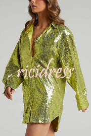 Solid Color Sequined Long-sleeved Casual Mid-length Loose Shirt