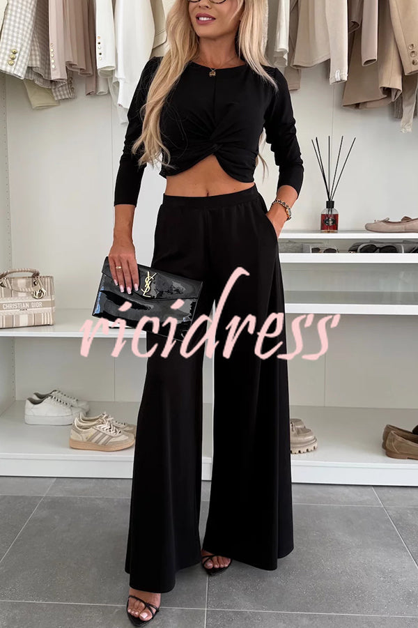 Solid Color Round Neck Long Sleeve Twist Crop Top and Elastic Waist Pocket Wide Leg Pants Set