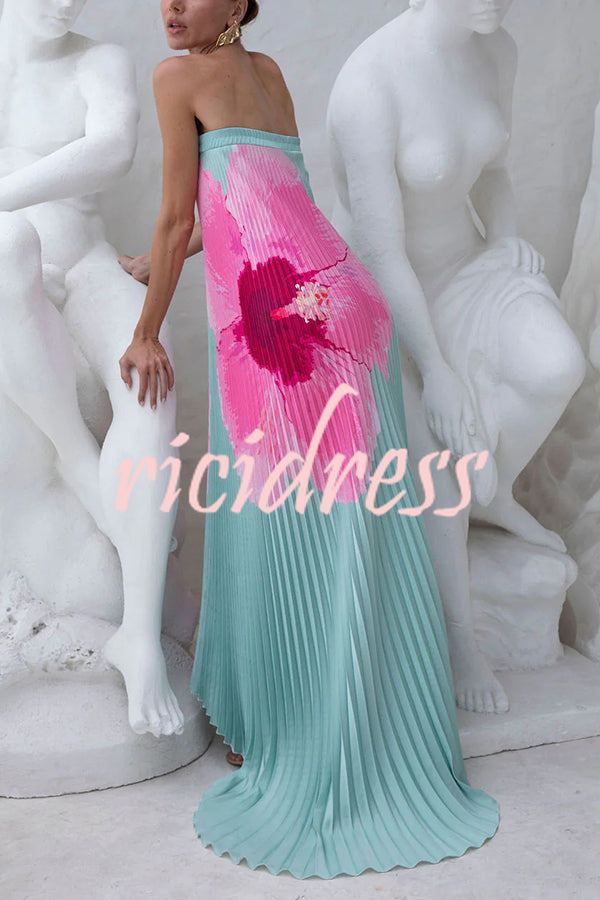All about Her Pleated Floral Print Off Shoulder A-line Maxi Dress