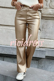 Stylish Metallic Fabric Pocket Casual Straight Wide-Leg Pants