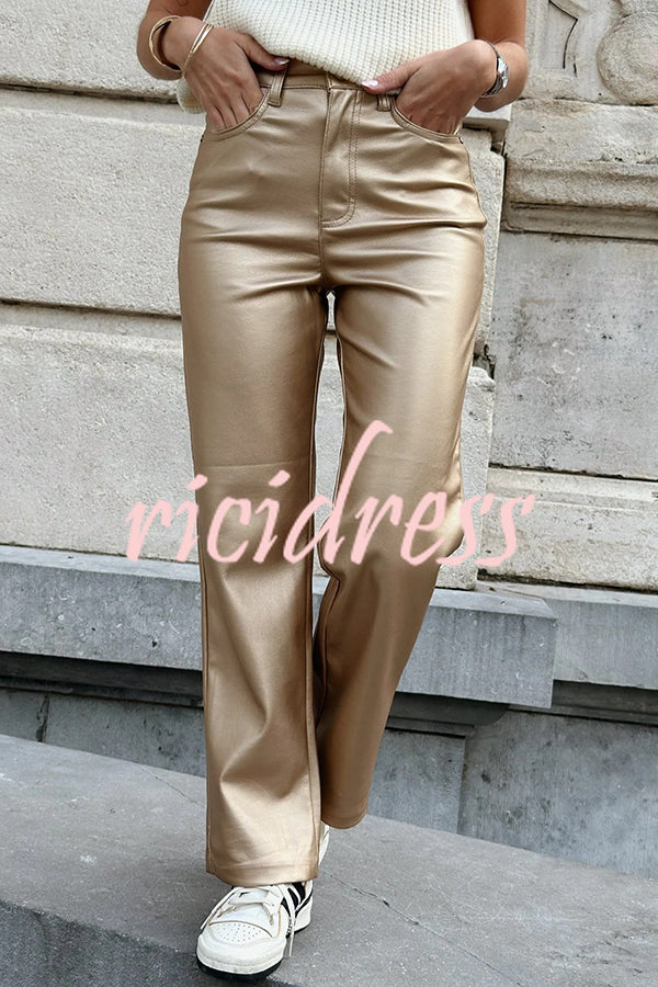 Stylish Metallic Fabric Pocket Casual Straight Wide-Leg Pants