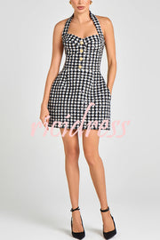 Mila Check Bouclé-tweed Fabric Halter Sweetheart Neck Gold Button Pocketed Mini Dress