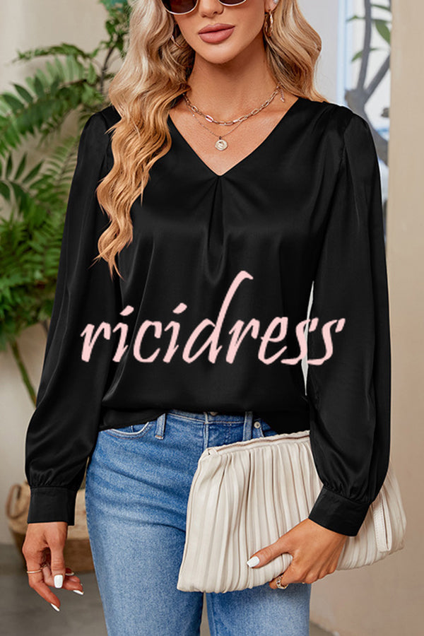 Satin Pleated V-neck Long-sleeved Loose Shirt