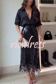 City Queen Sequin Tassel Round Pieces High Rise Back Zipper Midi Skirt
