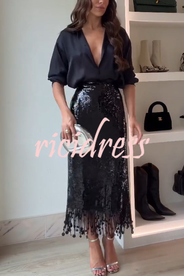 City Queen Sequin Tassel Round Pieces High Rise Back Zipper Midi Skirt
