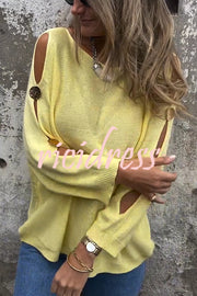 Solid Color Round Neck Hollow Long Sleeve Loose Knitted Sweater