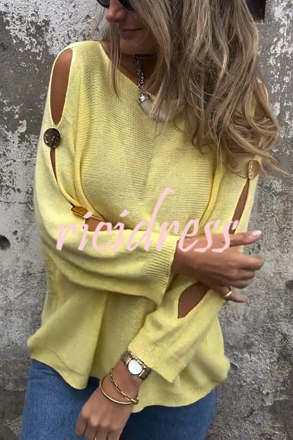 Solid Color Round Neck Hollow Long Sleeve Loose Knitted Sweater
