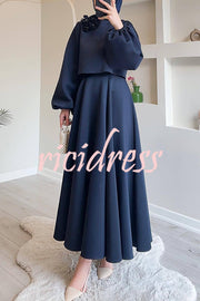 Solid Color Flower-embellished Lantern Sleeve Loose Top and Casual Maxi Skirt Set
