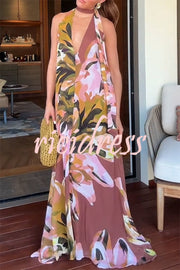Beachside Bliss Floral Print V-neck Scarf A-line Maxi Dress