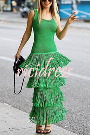 Solid Color Sleeveless Slim Fit Fringed Hem Knitted Midi Dress