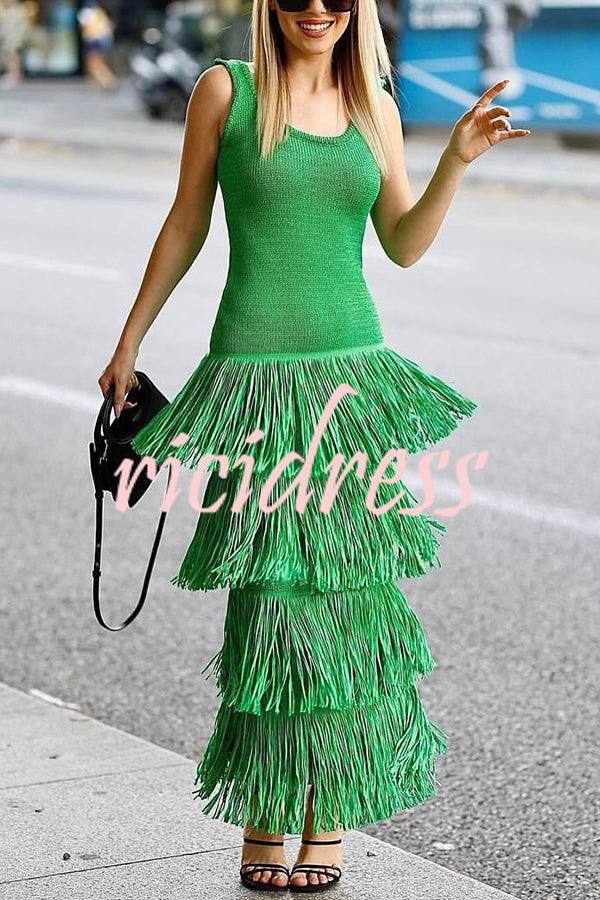 Solid Color Sleeveless Slim Fit Fringed Hem Knitted Midi Dress