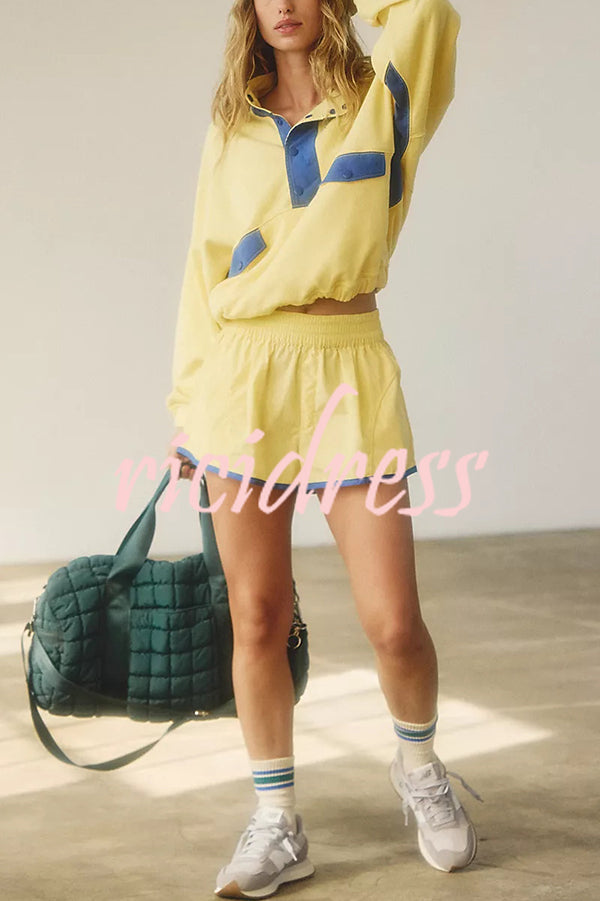 Fashion Contrast Color Stitching Stand Collar Long Sleeve Top and Elastic Waist Loose Pocket Shorts Set