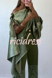 Chic Moment Satin Irregular Knot Slit Sleeve One Shoulder Loose Blouse