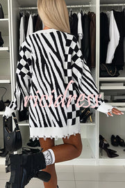 Fashionable Knit Zebra Geometric Pattern Frayed Hem Loose Sweater