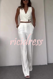 Crossover Slim Fit Sleeveless Vest and High Waisted Wide Leg Pants Set