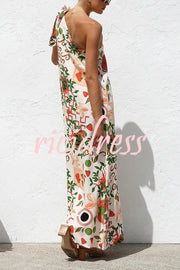 Botanical Print Elegant Strappy One-shoulder Resort Maxi Dress