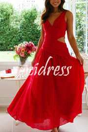 Solid Color V-neck Waist Hollow Slim Maxi Dress