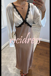Lainei Contrast Color Satin Lace Trim V-neck Long Sleeve Maxi Dress