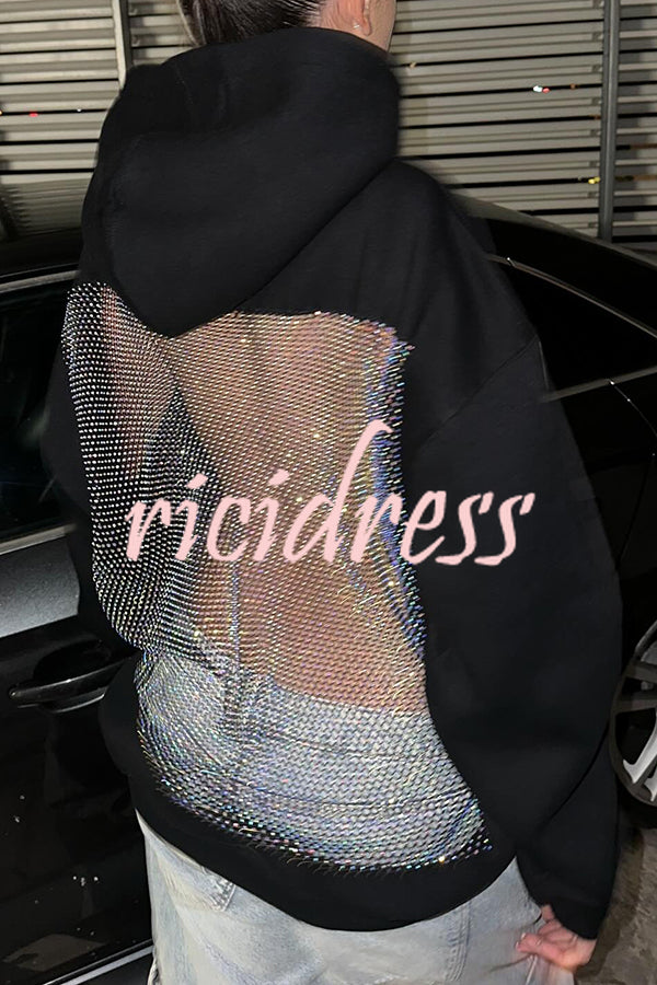 Fashionable Shiny Mesh Hollow Back Loose Long-sleeved Hooded Sweatshirt