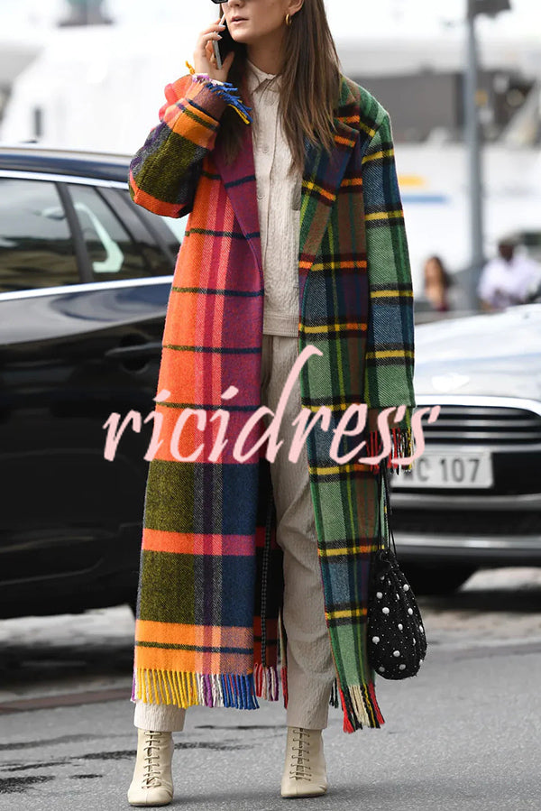 Fashionable Color-block Plaid Print Lapel Long-sleeved Casual Long Coat