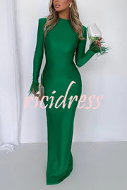 Solid Color Round Neck Ostrich Feather Long Sleeve Slim Maxi Dress