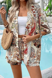 Unique Print Vacation Short-sleeved Cardigan Top and Elastic Waist Pocket Shorts Set