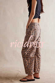 We The Free Denim Leopard Print Mid Rise Pocketed Barrel Jeans