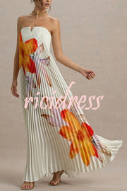 For Every Occasion Satin Pleated Floral Print V-wire Bandeau Neck Maxi Dress