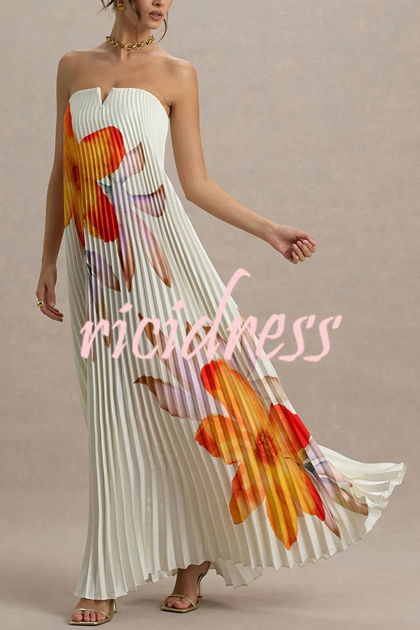 For Every Occasion Satin Pleated Floral Print V-wire Bandeau Neck Maxi Dress