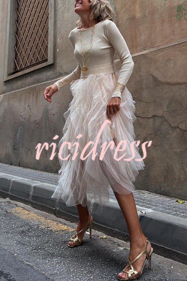 Jansen Ribbed Knit Patchwork Layered Tulle Ruffles Long Sleeve Midi Dress