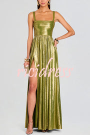 Artistic Quality Metallic Pleated Fabric Removable Straps Slit Maxi Dress