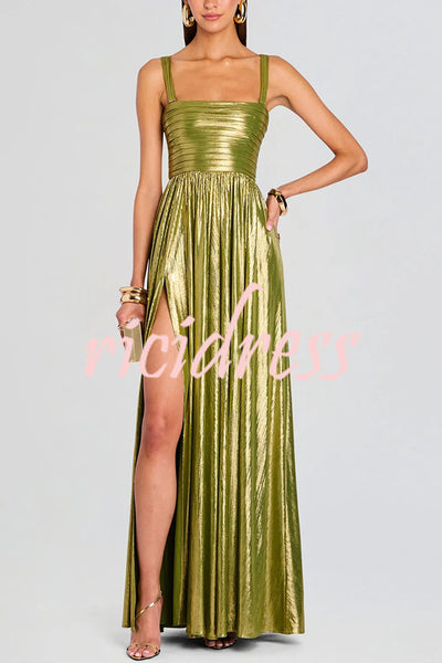Artistic Quality Metallic Pleated Fabric Removable Straps Slit Maxi Dress