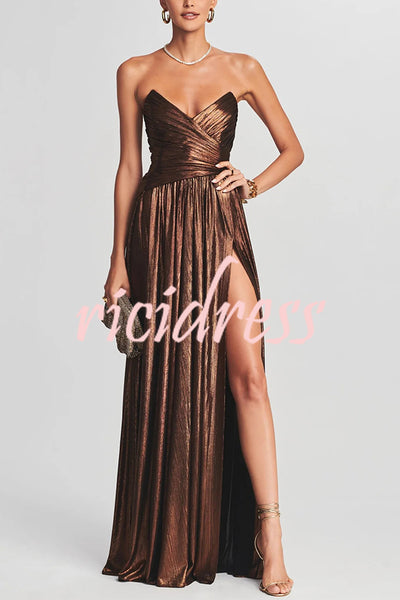 Goddess Temperament Metallic Pleated Fabric Off Shoulder Slit Maxi Dress