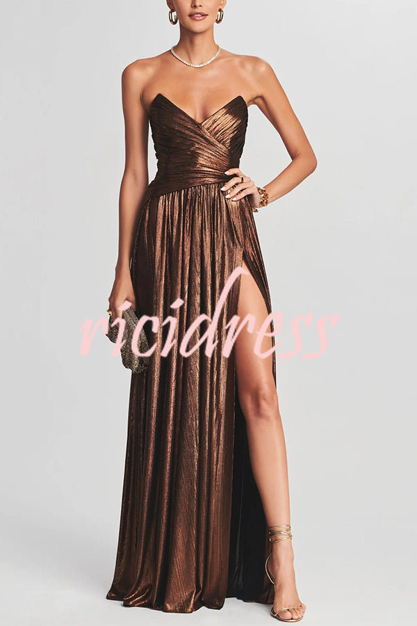 Goddess Temperament Metallic Pleated Fabric Off Shoulder Slit Maxi Dress