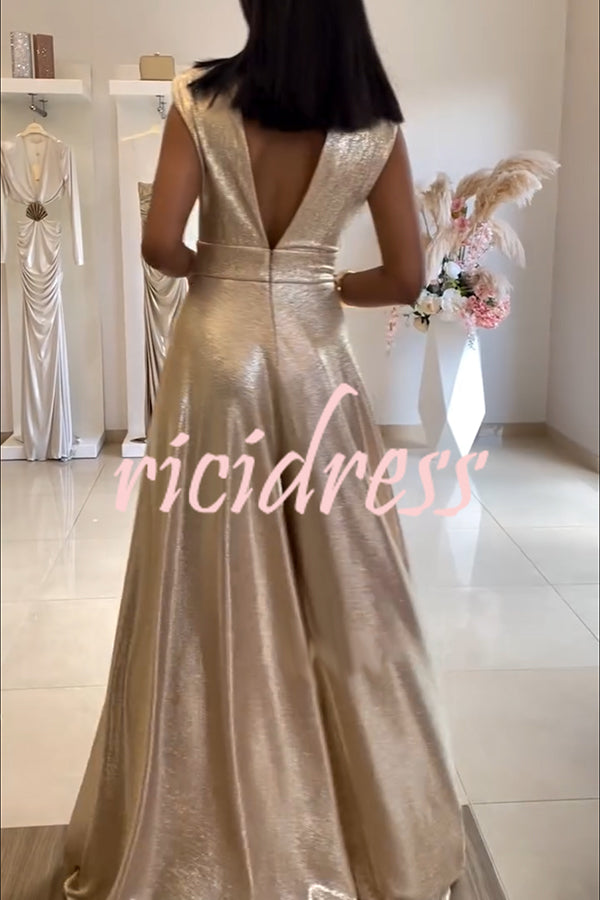 Roisin Metallic Fabric Ruched Shoulder V-neck Wide Leg Drape Jumpsuit