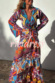 Colorful Day Unique Print Bell Sleeve Cutout Waist Layered Maxi Dress