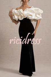 Cecily Velvet Off Shoulder Satin Structured Bardot Neck Stretch Maxi Dress