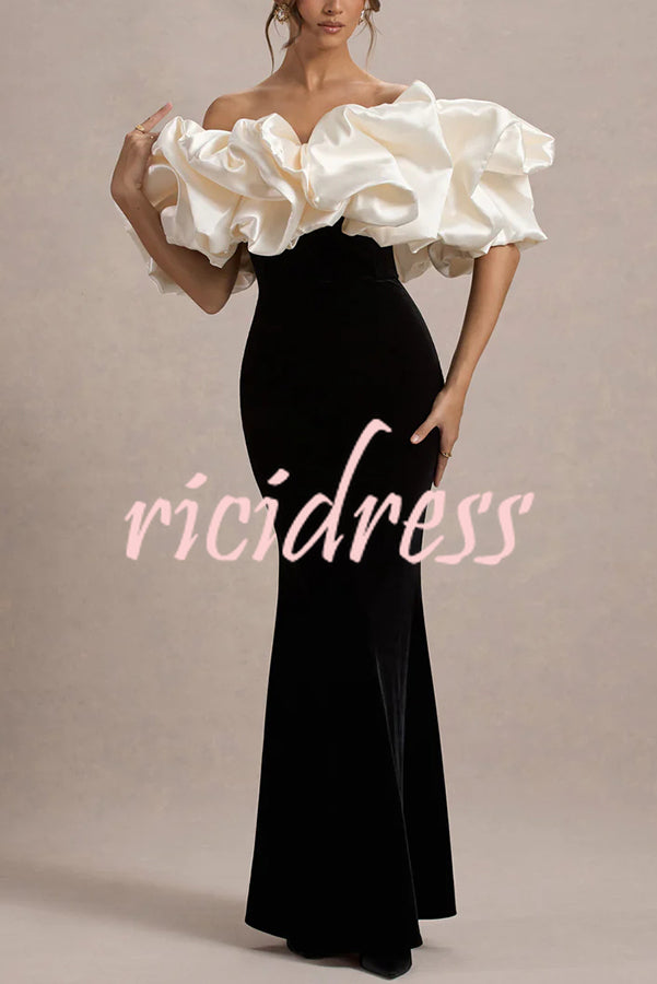 Cecily Velvet Off Shoulder Satin Structured Bardot Neck Stretch Maxi Dress