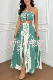 Farrier Printed Front Hollow Ring Design Cutout Slit Maxi Dress