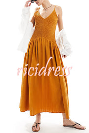 Fashionable V-neck Patchwork Smocked Sleeveless Suspender Midi Dress