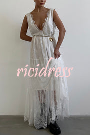 Fashionable Sheer Lace V-neck Backless Elegant Maxi Dress