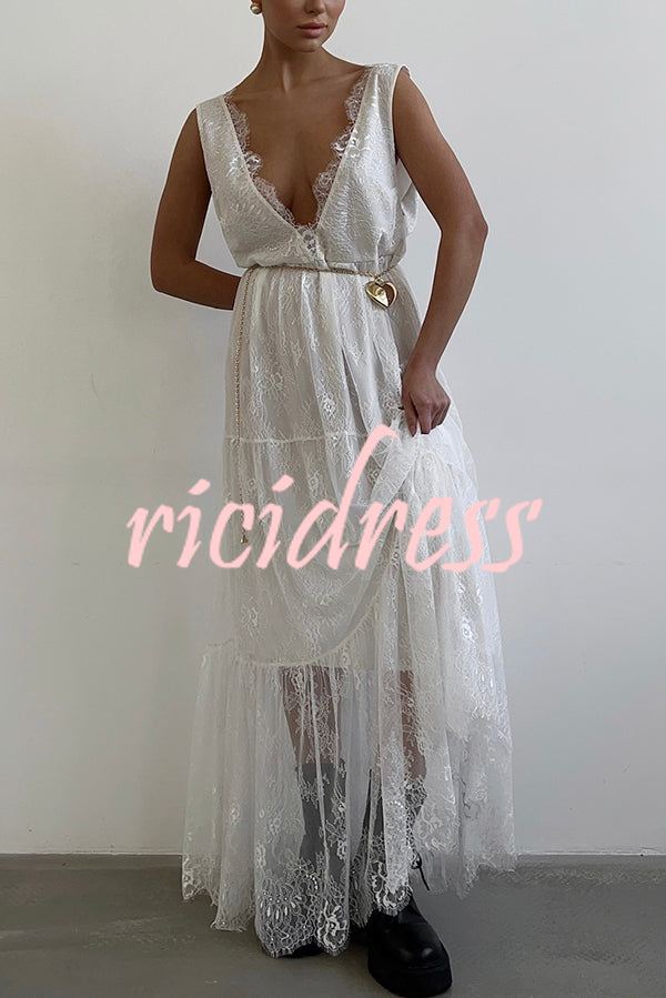 Fashionable Sheer Lace V-neck Backless Elegant Maxi Dress