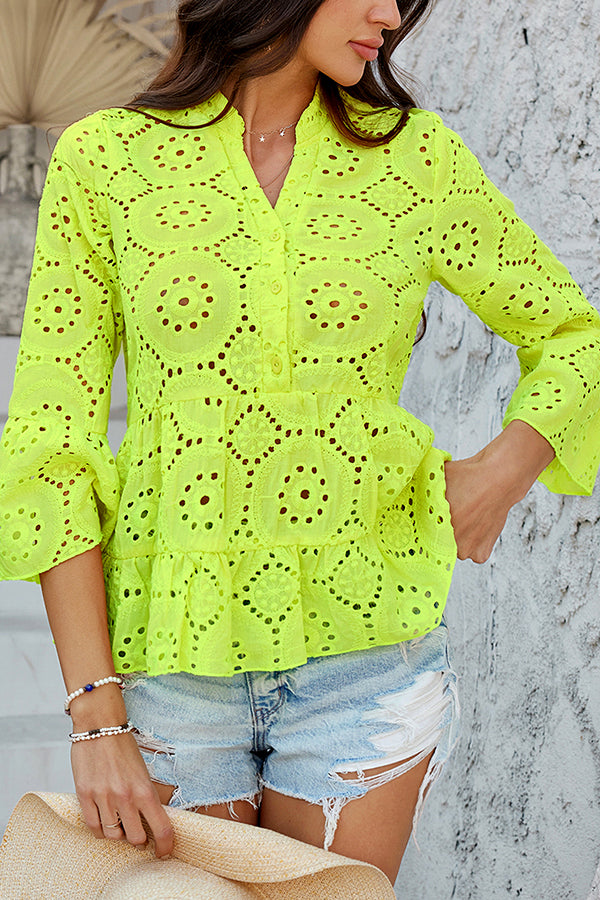 Solid Color Casual Resort Style Hollow V-neck Shirt